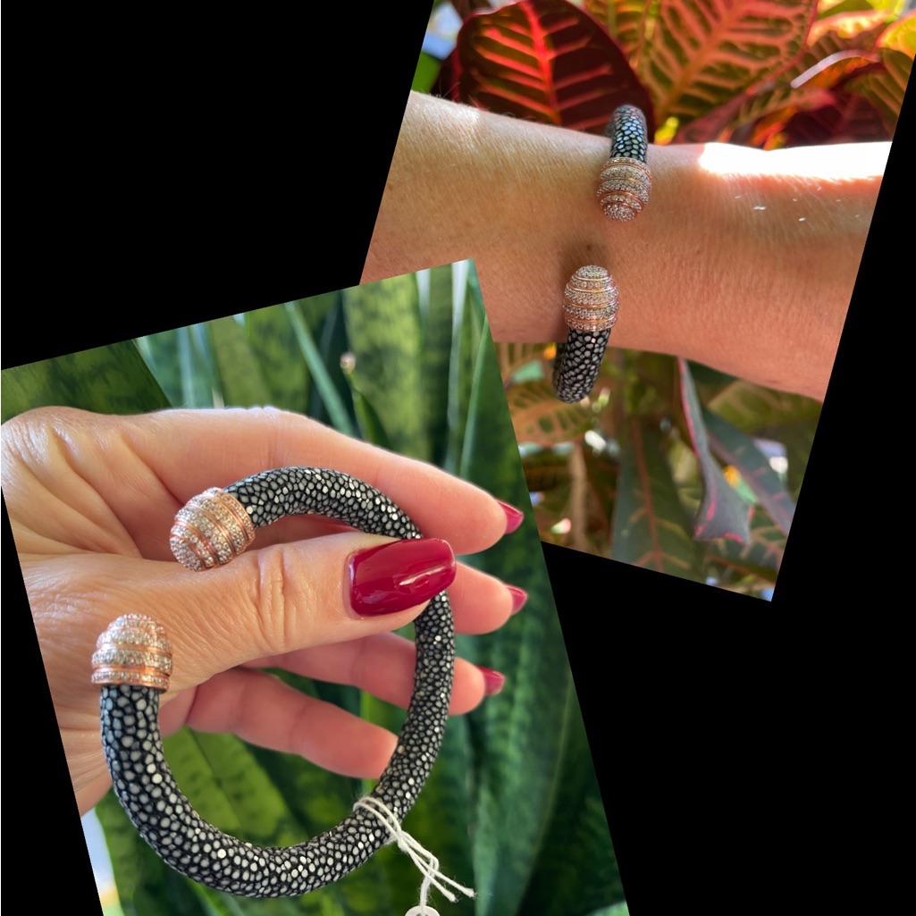 Micro Pave Beehive Stingray 925 Cuff Bangle